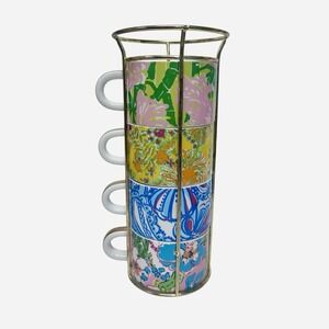 Lilly Pulitzer 4 Espresso Stacking Cup Mugs Set 8.8‎ oz Caddy Stand Floral Tea